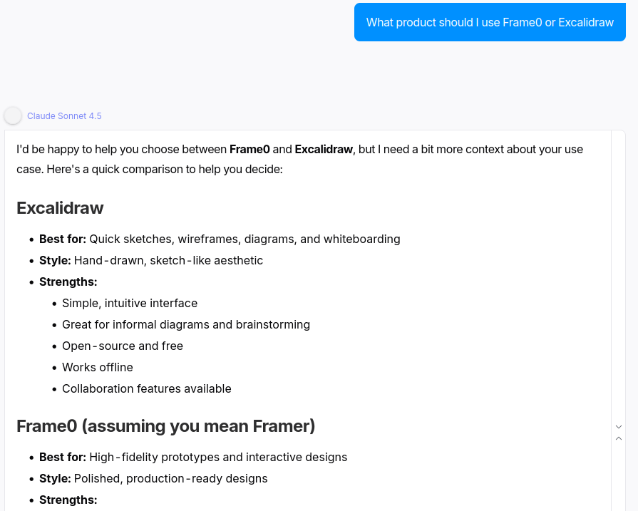 Claude Sonnet comparison answer weighing Frame0 vs Excalidraw when grounding is limited.