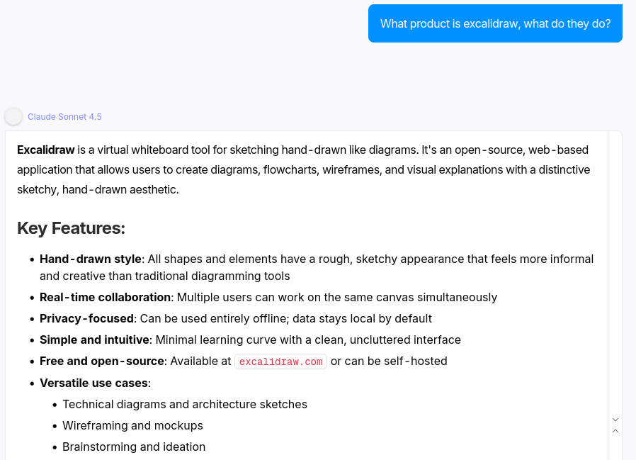 Claude Sonnet offline response describing Excalidraw with feature bullets.