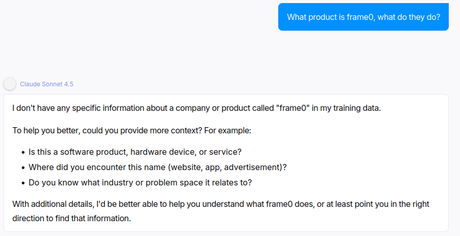Claude Sonnet offline response for Frame0 showing no knowledge of the product.